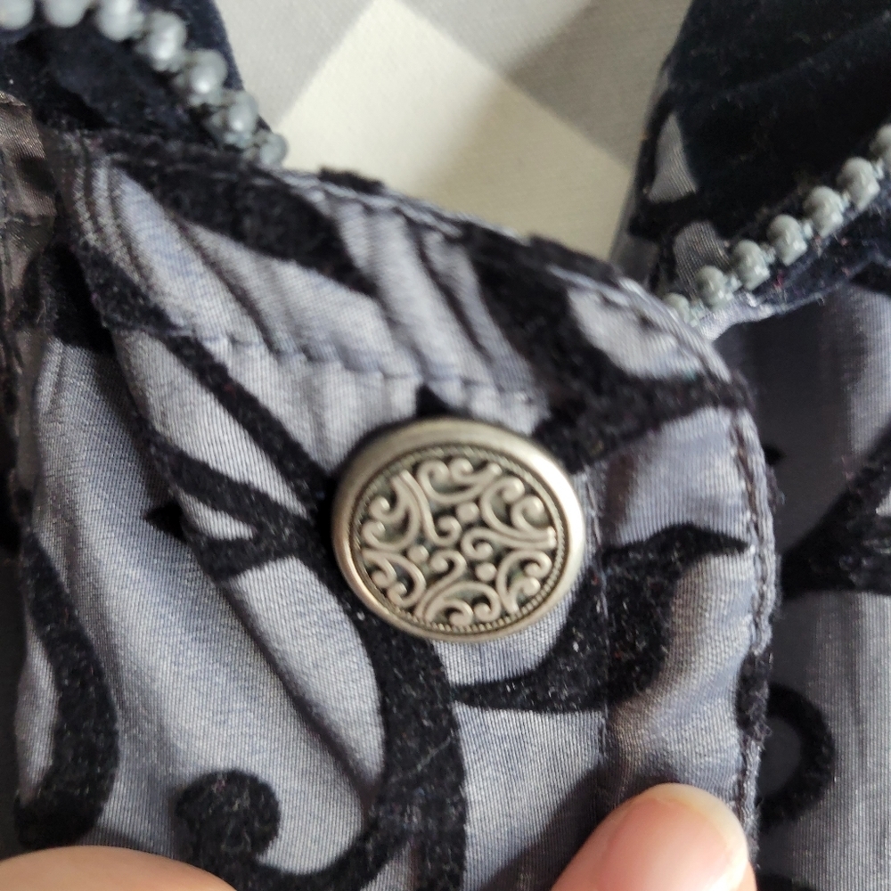 Womans London Fog Hooded Gray Bomber Black Velvet Scroll Design Size Medium - Picture 12 of 15